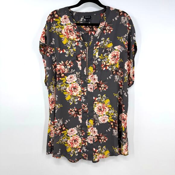 Torrid Dark Gray Floral Tunic Top 2 2X Zip Up Semi Sheer Whimsigoth Fairy Goth - Picture 1 of 8